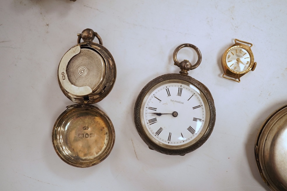 A white metal hunter keywind pocket watch, with Roman dial and subsidiary seconds, two silver charm bracelets and sundry items including jewellery and a silver sovereign case.